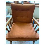 Vintage Upholstered Wingback Armchair Wood Spindle Arms Rust Orange
