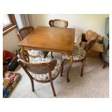 French Country 5 Pc Dining Set Cane Back Chairs Floral Seats, matching tablecloth