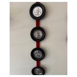 Pair Vintage Classical Medallion Wall Hangings Red Strap Black Frames