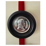 Pair Vintage Classical Medallion Wall Hangings Red Strap Black Frames