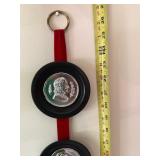 Pair Vintage Classical Medallion Wall Hangings Red Strap Black Frames