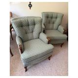 Pair Traditional Wingback Armchairs Tufted Sage Upholstery Good