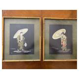 Pair Framed Japanese Silk Thread Art Geisha Figures Rain Scene Signed