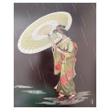 Pair Framed Japanese Silk Thread Art Geisha Figures Rain Scene Signed