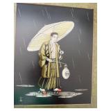 Pair Framed Japanese Silk Thread Art Geisha Figures Rain Scene Signed