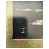 Pair Framed Japanese Silk Thread Art Geisha Figures Rain Scene Signed