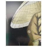 Pair Framed Japanese Silk Thread Art Geisha Figures Rain Scene Signed
