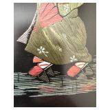 Pair Framed Japanese Silk Thread Art Geisha Figures Rain Scene Signed
