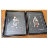 Pair Vintage Japanese Silk Embroidery Framed Geisha Figures Wall Art