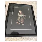 Pair Vintage Japanese Silk Embroidery Framed Geisha Figures Wall Art