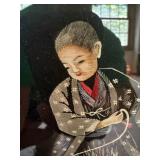 Pair Vintage Japanese Silk Embroidery Framed Geisha Figures Wall Art