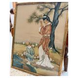 Vintage Asian Figural Framed Wall Art Signed Faux Bamboo Frame