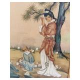 Vintage Asian Figural Framed Wall Art Signed Faux Bamboo Frame
