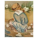 Vintage Asian Figural Framed Wall Art Signed Faux Bamboo Frame