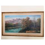 Large Framed Mountain River Landscape Oil Painting Signed 58x32