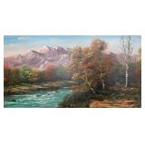 Large Framed Mountain River Landscape Oil Painting Signed 58x32