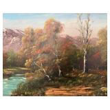 Large Framed Mountain River Landscape Oil Painting Signed 58x32