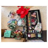 Large Mixed Christmas Decor Lot Ornaments Bows Ribbon Wrap Figurines