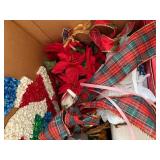 Large Mixed Christmas Decor Lot Ornaments Bows Ribbon Wrap Figurines