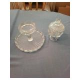 Clear Cut Glass Pedestal Stand & Covered Dish Set