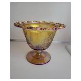 Iridescent Amber Footed Glass Compote With Grape Motif