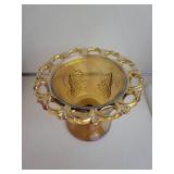 Iridescent Amber Footed Glass Compote With Grape Motif