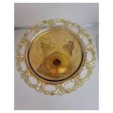Iridescent Amber Footed Glass Compote With Grape Motif