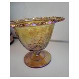 Iridescent Amber Footed Glass Compote With Grape Motif