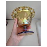 Iridescent Amber Footed Glass Compote With Grape Motif