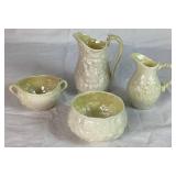 Belleek Irish Pocelain Black 3rd Mark Open Sugar Bowl 4", Ivy Yellow Pitcher Black Mark 4" H , Lotus Open Sugar Bowl Black Mark 3" Opening and Bacchus Mark Pitcher Black Mark  4.75" H