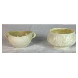 Belleek Irish Pocelain Black 3rd Mark Open Sugar Bowl 4", Ivy Yellow Pitcher Black Mark 4" H , Lotus Open Sugar Bowl Black Mark 3" Opening and Bacchus Mark Pitcher Black Mark  4.75" H