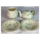 Belleek Classic Shamrock Teapot, Rose Bowl Vase and 6.5" Fruit Dessert Bowls