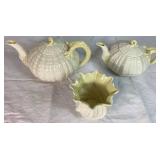 Classic Tridacna Shell Belleek Irish Porcelain Teapots 8" W x 9" W  and Neptune Pattern Vase 3.5" H