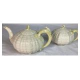 Classic Tridacna Shell Belleek Irish Porcelain Teapots 8" W x 9" W  and Neptune Pattern Vase 3.5" H