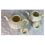 Classic Tridacna Shell Belleek Irish Porcelain Teapots 8" W x 9" W  and Neptune Pattern Vase 3.5" H