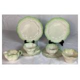 Belleek Black Mark Green Trim Dish Collection of Teacups & Saucers, Creamer, Ruffled Open Sugar Bowl and 7.5" Plates