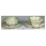 Belleek Black Mark Green Trim Dish Collection of Teacups & Saucers, Creamer, Ruffled Open Sugar Bowl and 7.5" Plates