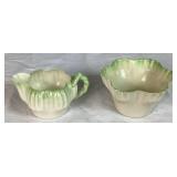 Belleek Black Mark Green Trim Dish Collection of Teacups & Saucers, Creamer, Ruffled Open Sugar Bowl and 7.5" Plates