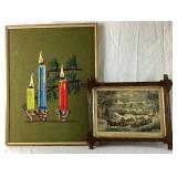Vintage Currier & Ives "Central Park in the Winter" Print and Candle Crewel Embroidery Artwork
