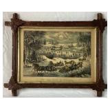 Vintage Currier & Ives "Central Park in the Winter" Print and Candle Crewel Embroidery Artwork