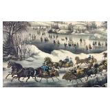 Vintage Currier & Ives "Central Park in the Winter" Print and Candle Crewel Embroidery Artwork
