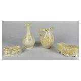 Belleek Bundle of Yellow Luster & Cream Lily of the Valley Plateau Bowl 5.5" W , 7" Grapevine Vase, Ivy & Berries Yellow Luster Pitcher 6" H and 4" Boat of Waves Salt Boat