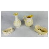 Belleek Bundle of Yellow Luster & Cream Lily of the Valley Plateau Bowl 5.5" W , 7" Grapevine Vase, Ivy & Berries Yellow Luster Pitcher 6" H and 4" Boat of Waves Salt Boat