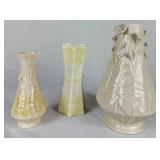 Belleek 7" and 10" Nile Polcelain Vases with Calla Lily and Leaf Motifs plus Cream Celtic Lace Embossed Vase