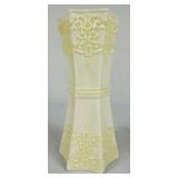 Belleek 7" and 10" Nile Polcelain Vases with Calla Lily and Leaf Motifs plus Cream Celtic Lace Embossed Vase