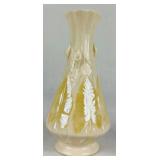 Belleek 7" and 10" Nile Polcelain Vases with Calla Lily and Leaf Motifs plus Cream Celtic Lace Embossed Vase