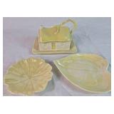 Vintage Belleek Porcelain Irish Cottage Butter/Cheese Dish, Lustre Flower Head 5" Dish & 6" Heart Shaped Leaf Dish