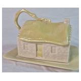 Vintage Belleek Porcelain Irish Cottage Butter/Cheese Dish, Lustre Flower Head 5" Dish & 6" Heart Shaped Leaf Dish