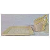 Vintage Belleek Porcelain Irish Cottage Butter/Cheese Dish, Lustre Flower Head 5" Dish & 6" Heart Shaped Leaf Dish