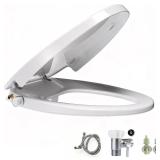 Elongated Bidet Toilet Seat with Soft-Close Lid, Self-Cleaning Dual Nozzles, Non-Electric Bidet Seat with Adjustable Water Pressure, White Toilet Seat for Elongated Toilets with Brass